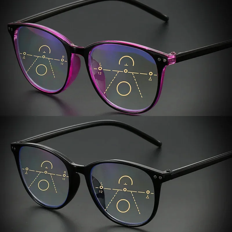 Retro Multifokale Lesebrille für Damen und Herren mit Blaulichtfilter, Multifokale Seniorenbrille mit Großem Rahmen