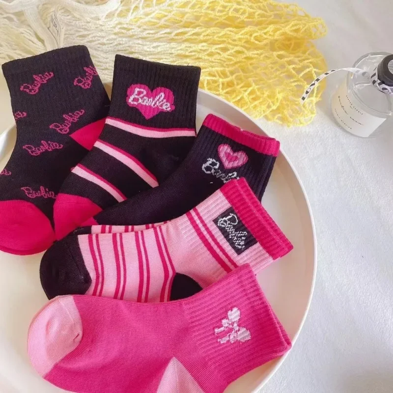 10Pcs New Barbie Socks for Kids Pink Girls Mid-Calf Socks Embroidered Love Stripes Autumn Winter Stockings Christmas Gifts