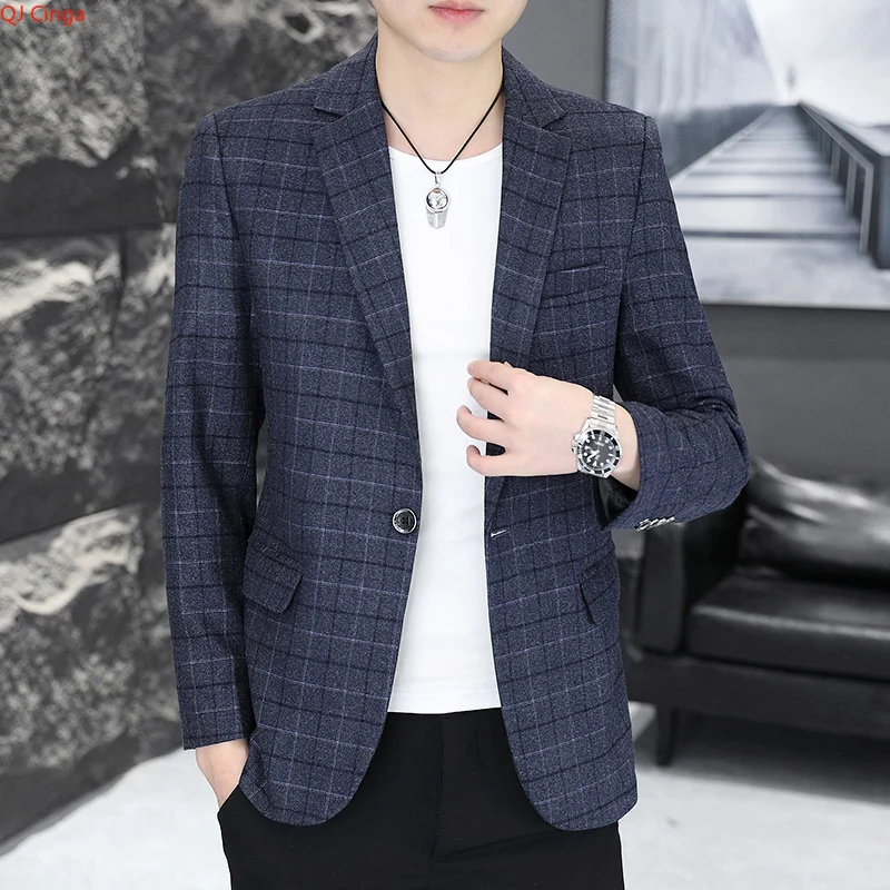 

2026 New Arrival: Men's Gray-Blue Checkered Blazer, Perfect for Weddings, Parties, and The Office. Asian Sizes Suit Jacket.