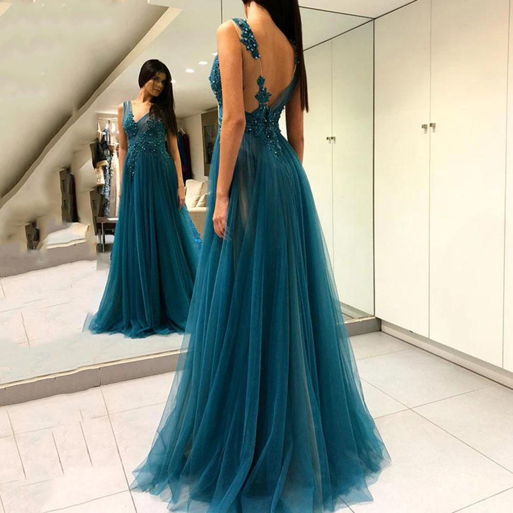 Elegant Peacock Green Evening Dresses Long Prom Gowns Sexy High Split V Neck Backless Party Dresses with Lace Appliques Custom