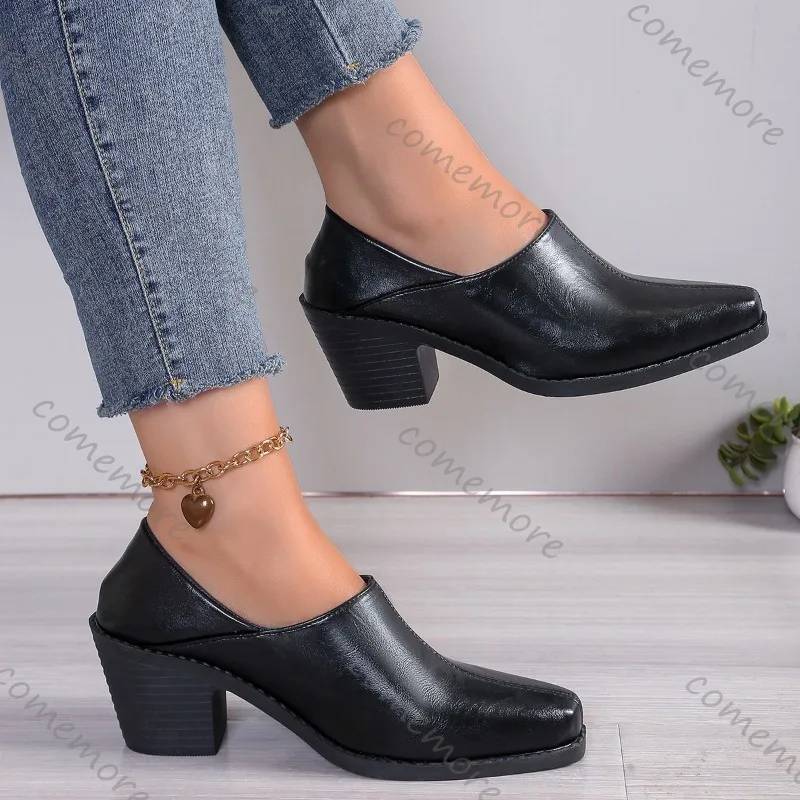 Comemore ربيع الخريف النساء مضخات الإناث الجلود الناعمة أشار رئيس عالية الكعب خارج اثنين ارتداء نصف النعال الصلبة الكعوب النساء #3