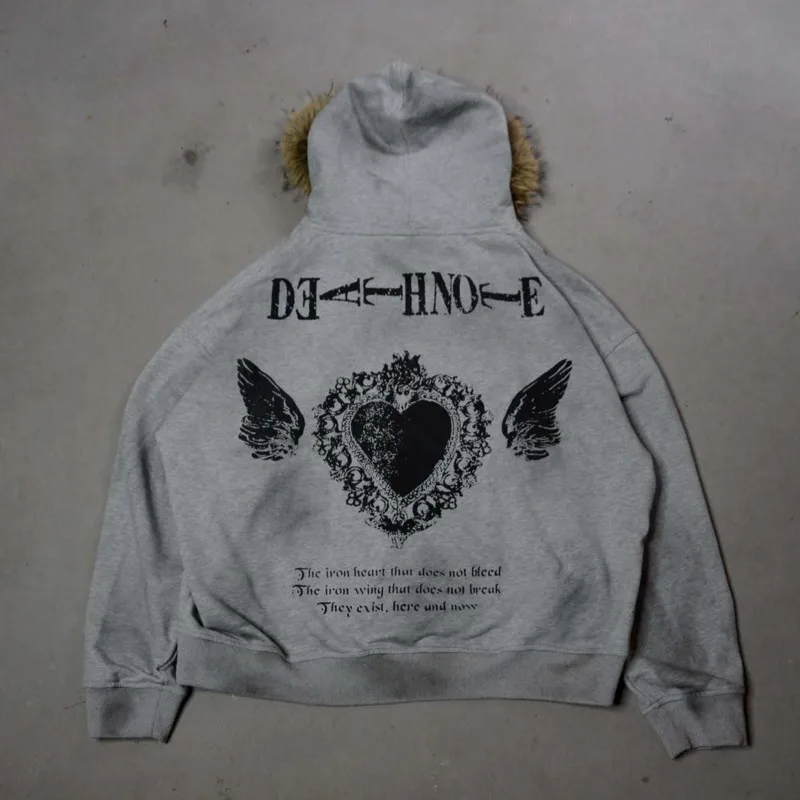 Punk Gedrukt Bontkraag Hoodie Hoodie Meisje Sweatshirt Herfst Winter Casual Y2K Gothic Letter Karakter Hip Hop Unisex Top Nieuw