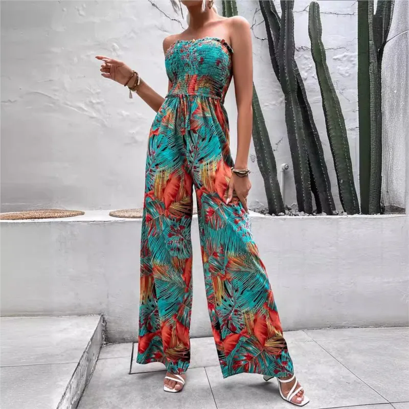 Verão sexy sem alças macacões feminino verão moda planta impressão cintura elástica festa de férias macacão