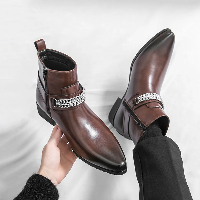 

Осенние брендовые мужские крутые дышащие кожаные ботинки из металла в британском стиле, мужские удобные рыцарские ботинки с острым носком и боковой молнией, конские сапоги