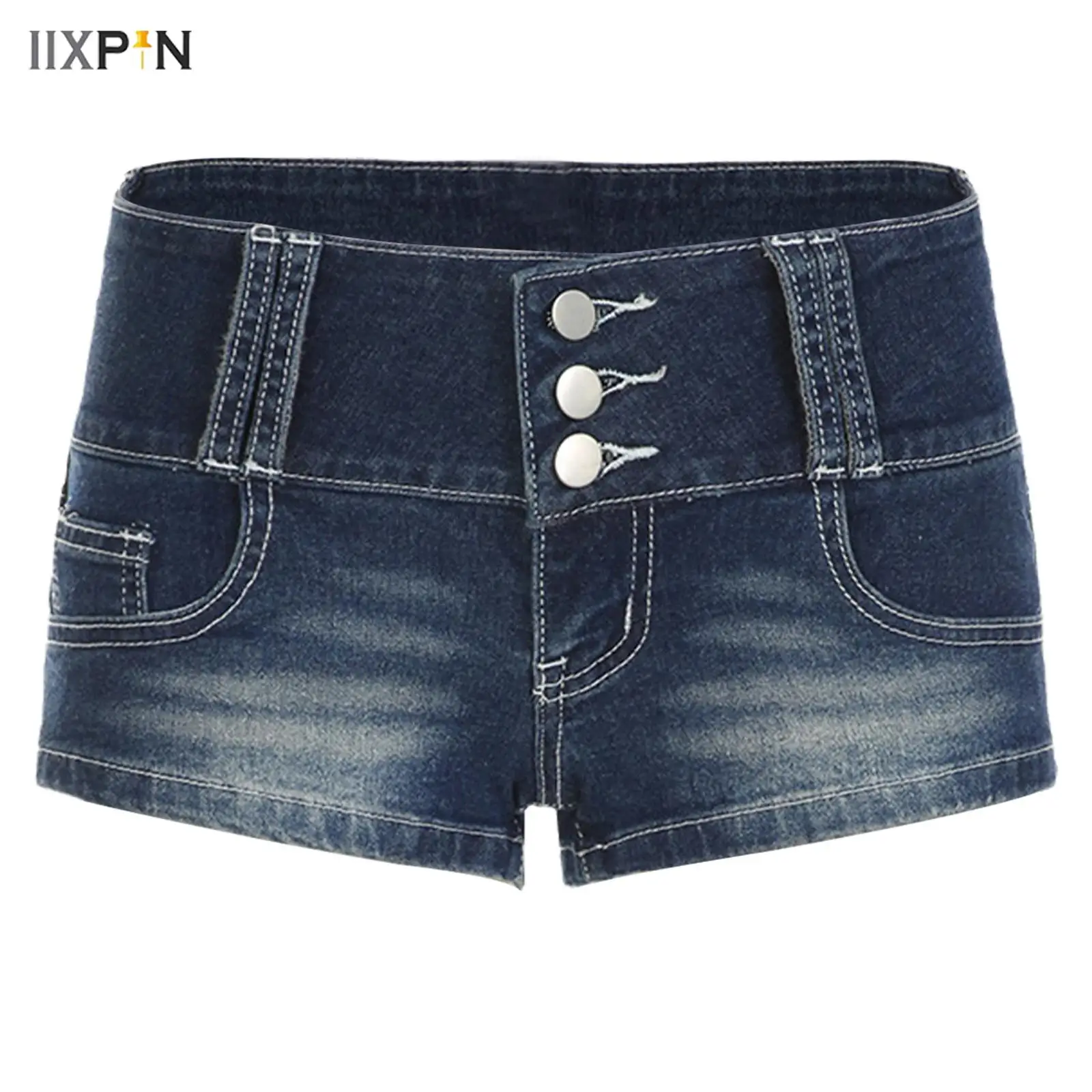 

Womens Low Rise Hot Pants 3-buttons Waist Small Pockets Denim Short Pants Slim-fit Booty Shorts for Casual Holiday Clubwear