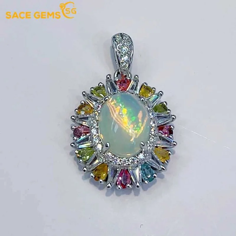 

SACE GEMS S925 Sterling Silver Certified 8*10MM Natual Opal Pendant Necklaces for Womne Engagement Cocktail Party Fine Jewelry