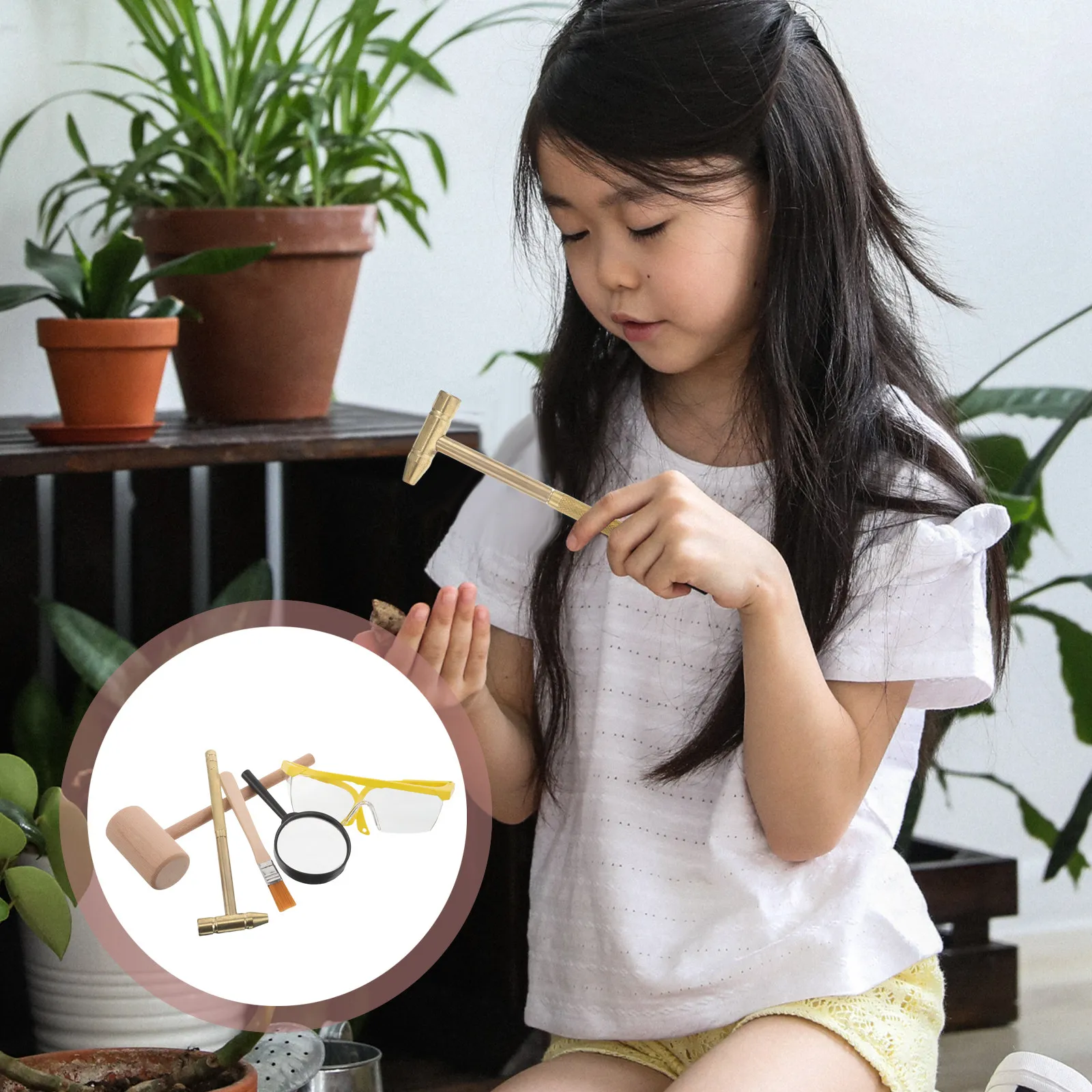 

Набор для археологических раскопок для детей: деревянный молоток, металлический молоток, защитные очки, щетка, лупа, для ролевых игр