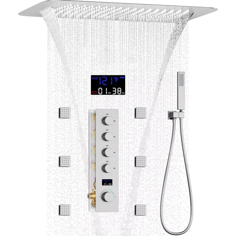 Brushed Nickel Brass 5-Handle Thermostatic Rainfall Waterfall Full Body Shower System 6-Jet Rectangular Shower Head Faucet