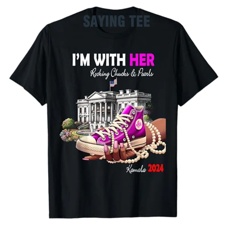 Kamala Harris 2024 I'm with Her Rocking Chucks & Pearls T-Shirt Humor Funny Election Day Harris Support Campaign Top Saying Tee