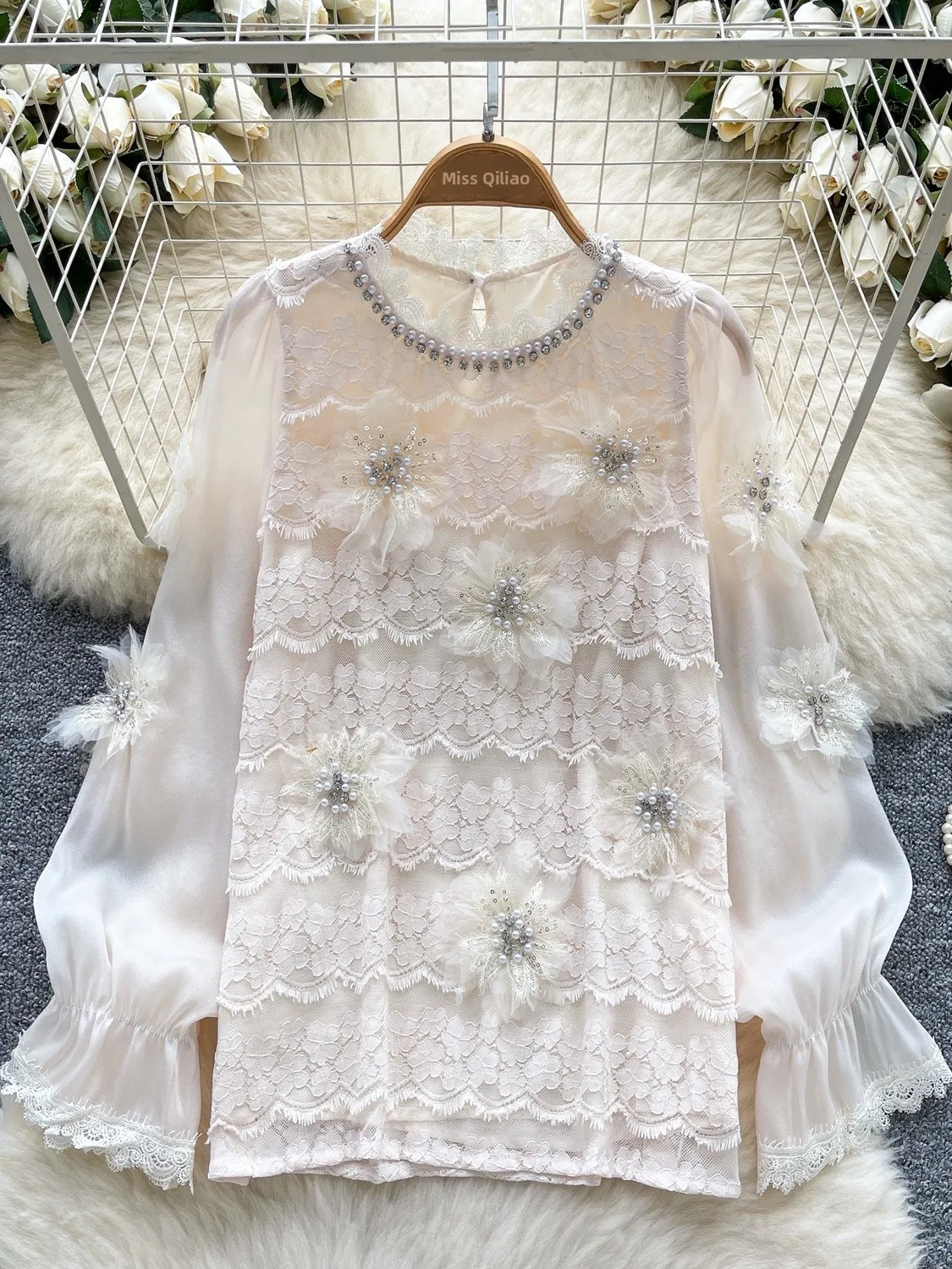 우아한 긴 소매 레이스 패치워크 다이아몬드 장식 헤비 워크 플로럴 3D 자수 여성 셔츠 한국 스타일 루즈핏