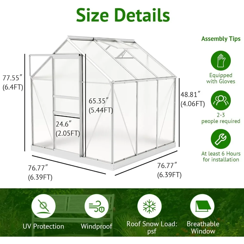 6x6ft Polycarbonate Greenhouse,Heavy Duty Walk-in Aluminum Greenhouse for Outdoors,Ventilation Window, Sliding Door,Green House