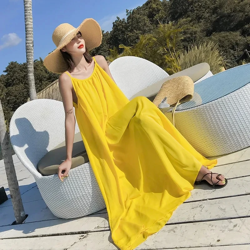 2024 New, Summer Beach Vacation Halter Strap Dress ,Women Clothing Yellow Open Back Dresses, Summer Holidays Boho Backless Dress