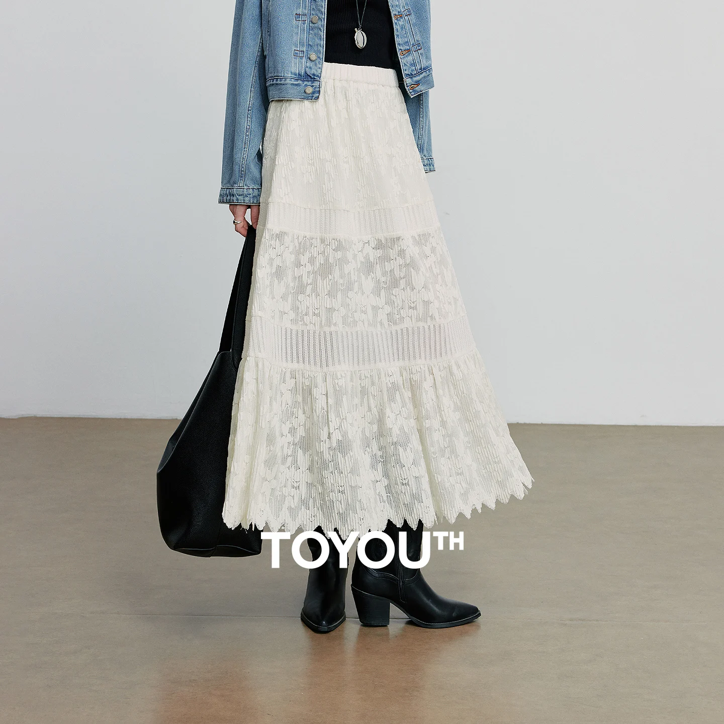 

TOYOUTH Women Lace Skirt 2025 Autumn New Style Boho Style Layer Splicing Elastic Waist A Line Ankle Length Skirt
