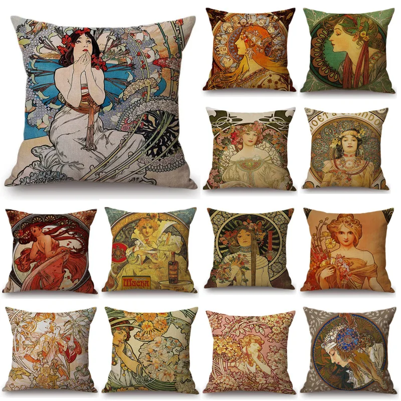 

Alphonse Mucha Art Cushion Cover Vintage Aesthetics Art Nouveau Home Decoration Beautiful Girl Printed Sofa Square Pillowcase