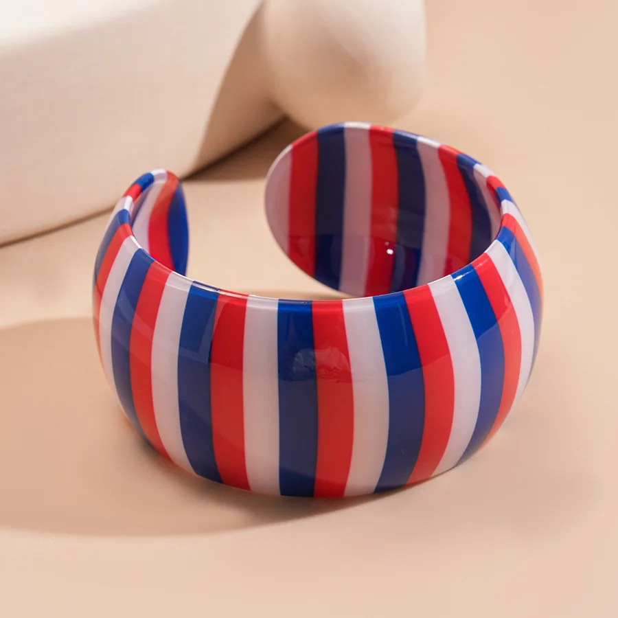 Black White Red Blue Striped C Shape Wide Open Acrylic Bangles Wide Round Resin Cuff Bracelets for Women Statement Jewelry image 4
