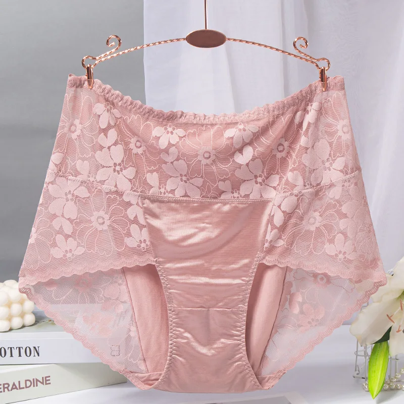 BS70 Sexy Intimates High Waist Silk Women Panties Transparent Flower Lace Satin Briefs Seamless Female Underwear Plus Size 3XL