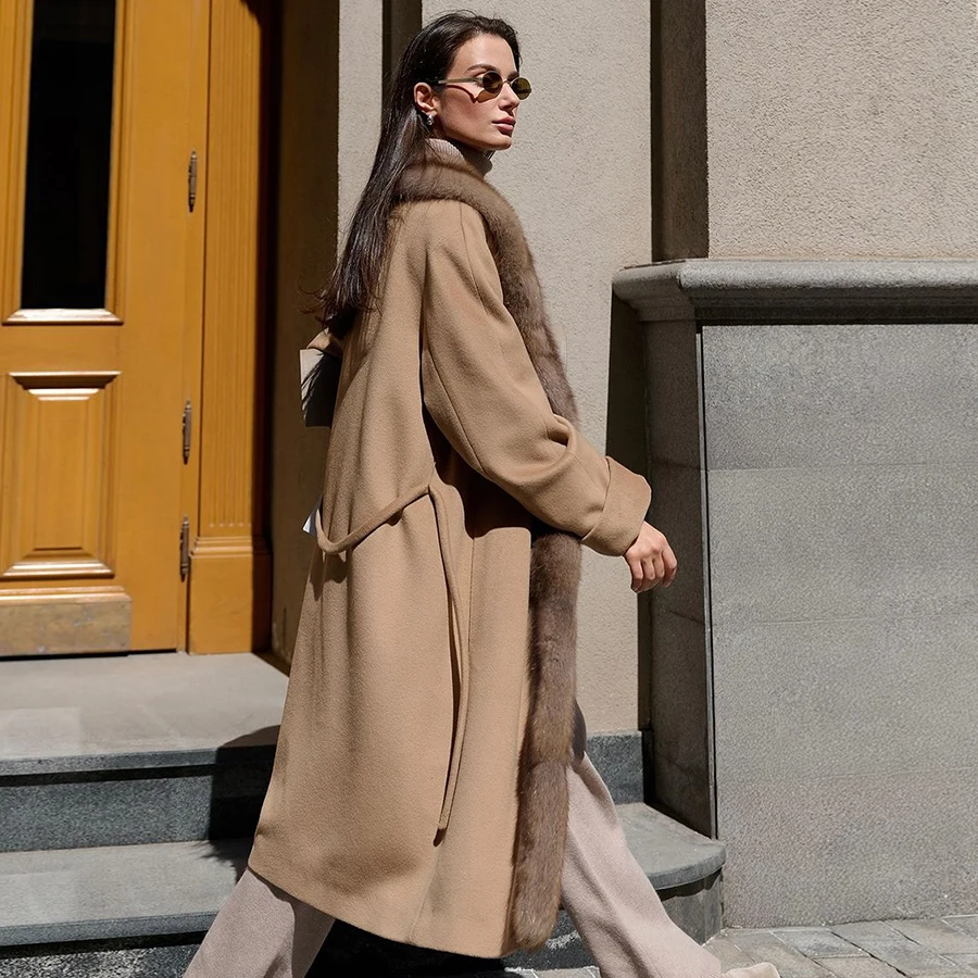 Abrigos de lana para mujer, abrigo de Cachemira con cuello de piel de zorro Real, abrigo largo de lana de alta calidad, 2024