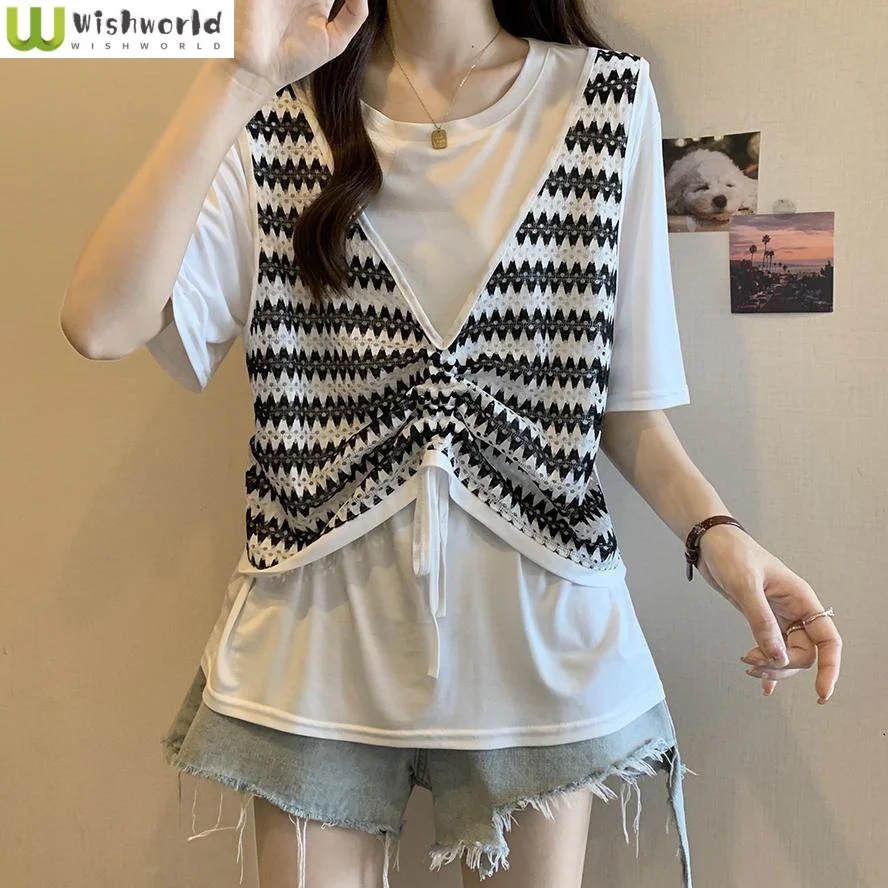 Plus Size Fake Two Striped Hollow Out Short Sleeved T-shirt for Women Summer Chubby Sister Loose Drawstring Top