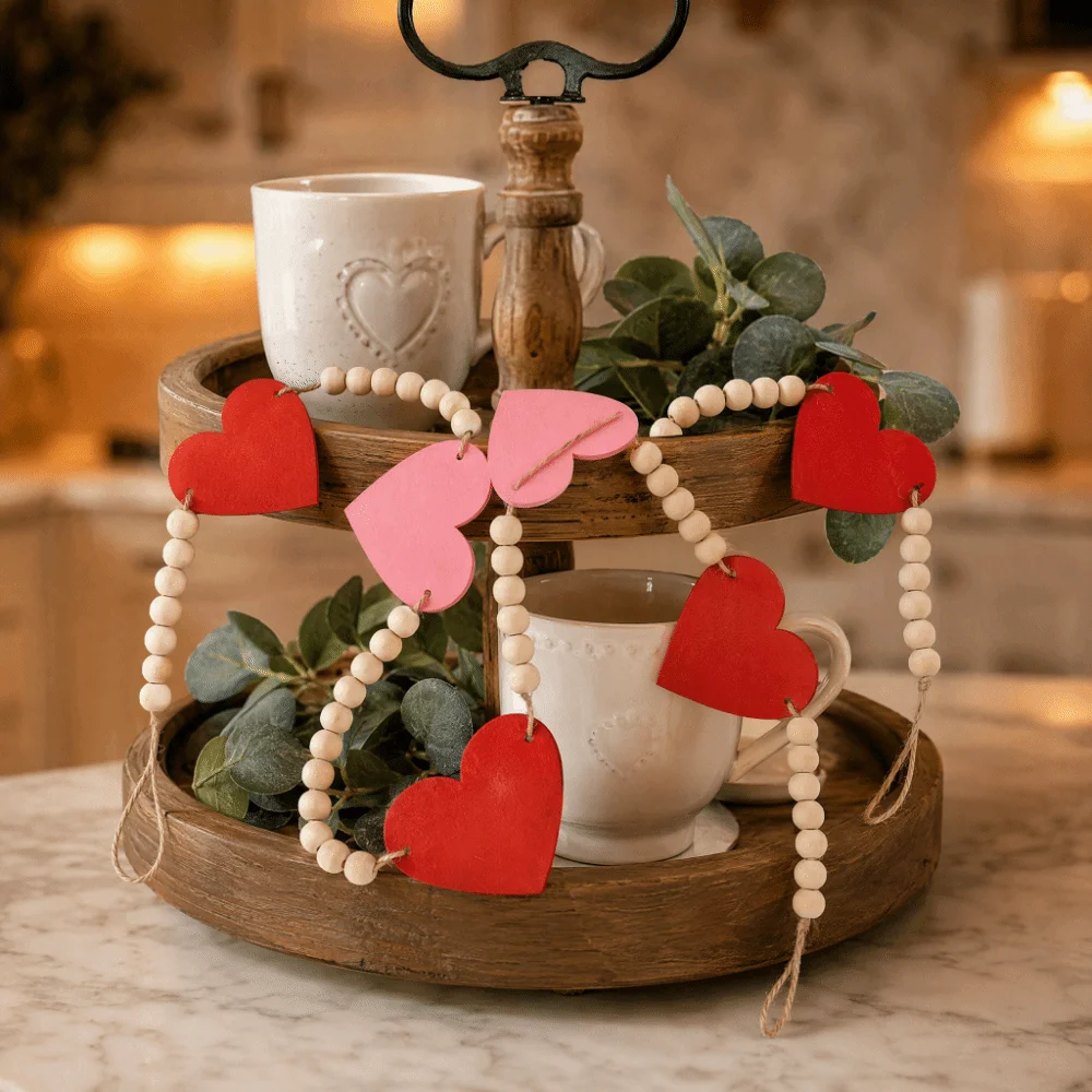 Red Pink Color Felt Heart Garland 61.81in Farmhouse Style Valentine Bunting Banner Pre-Made Hanging Loop Valentine Party Garland