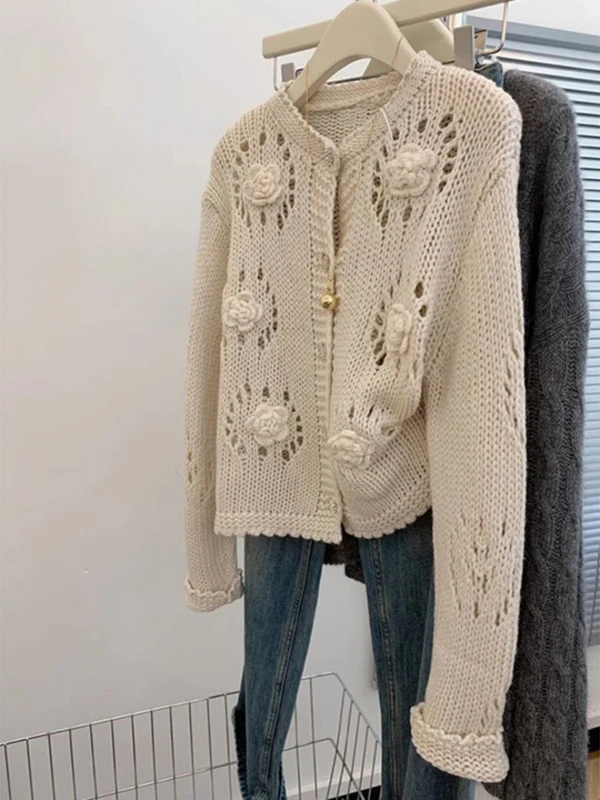 

plus Size 300 Pou Korean Sle Sweater Women's Knitted Cardigan Hollow out Flower Design Heavy Embroidery Spring Autumn Ca...