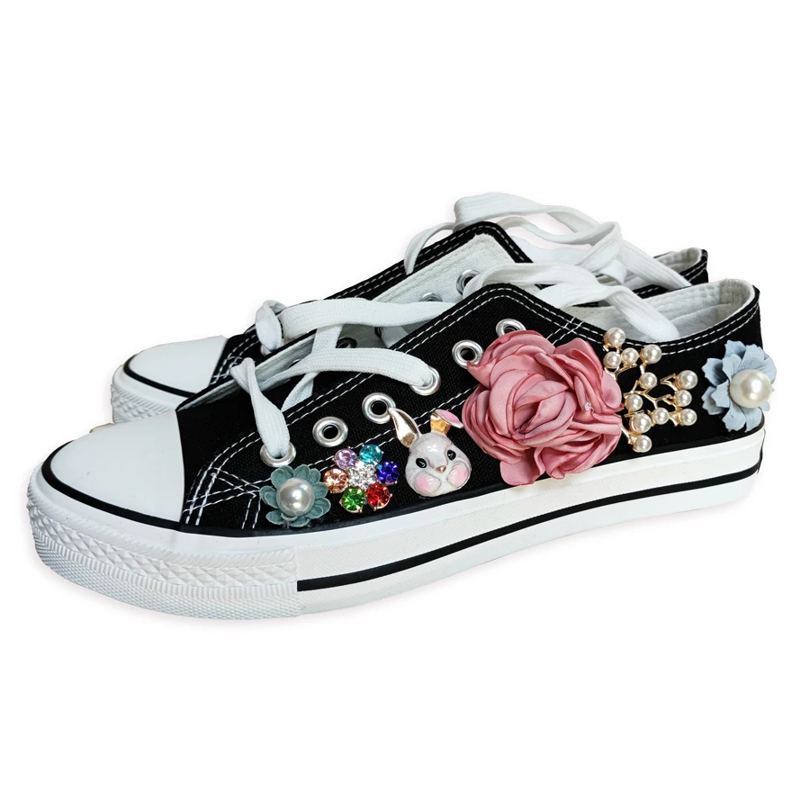 Zapatos de lona con plataforma de diamantes de imitación para mujer, zapatos vulcanizados con flores artesanales de 7 colores, hechos a mano con