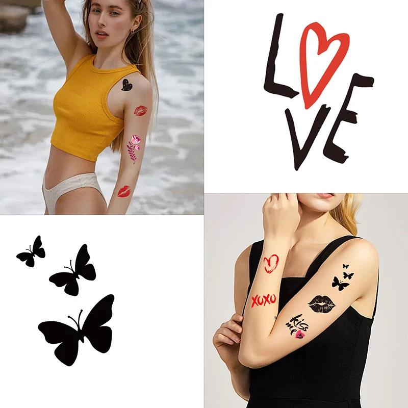 4 Sheets Valentine's Day Temporary Tattoo Stickers Red Love Rose Lips Kiss Heart Fake Tattoo Decals Themed Decorations Supplies