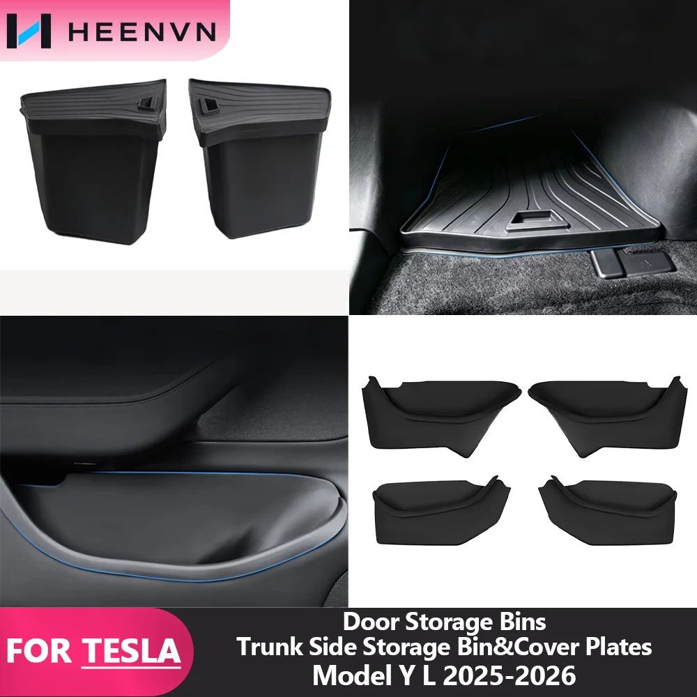 HEENVN For Tesla Model Y L 2025-2026 TPE Door Storage Bins And Trunk Side Organizer Interior Cover Plates Car Accessories