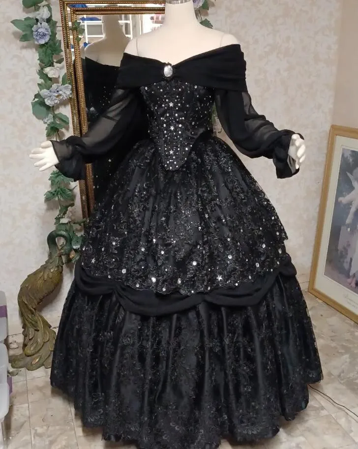 블랙 반짝이 고딕 빅토리아 웨딩 드레스, 긴팔 별, 레이스업 코르셋 벨 코스튬 파리 신부 가운, 맞춤형