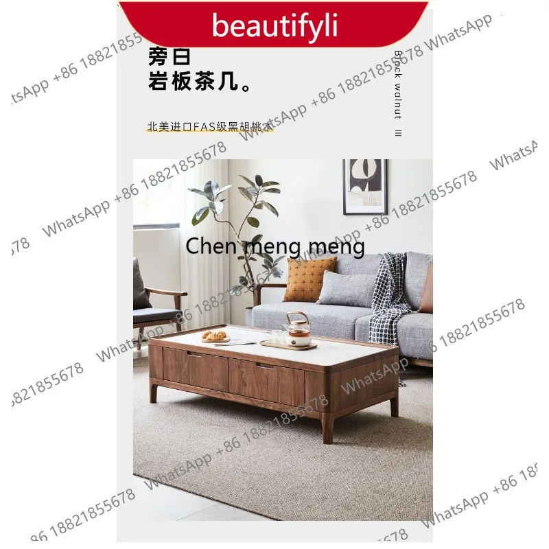 

01A Black walnut coffee table simple household slate tea table Nordic living room pure solid wood tea table