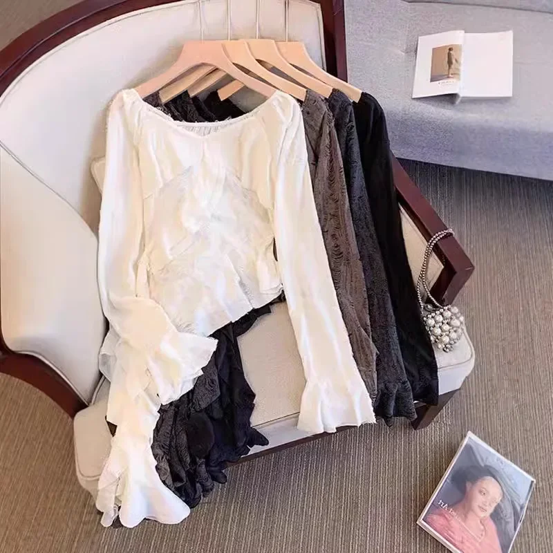 

Y2k лоскутная рубашка с v-образным вырезом и оборками, женская весенне-осенняя новая нижняя блузка, 2021, облегающая рубашка с длинными рукавами, Blusas De Mujer
