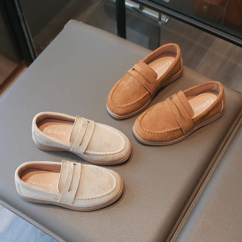 Unisex Boys Girls Slip-on Loafers 2026 New Autumn Kids Suede Leather Moccasins Soft Sole Classic Retro School Outdoor Daily Wear