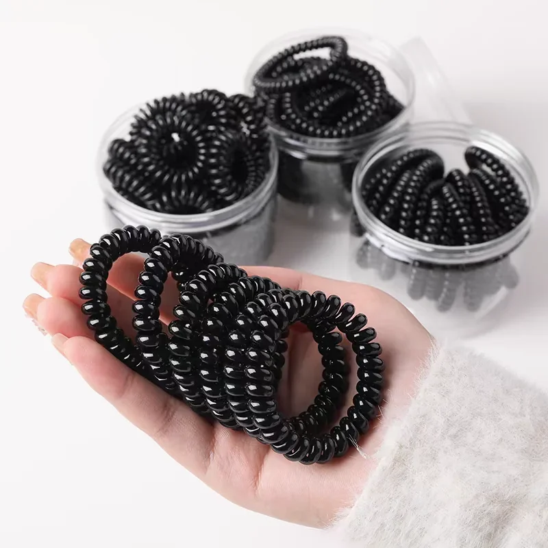 Lazos elásticos para el pelo en espiral para mujer, aros para el pelo con cable para teléfono, soporte para cola de caballo, bandas de goma negras,