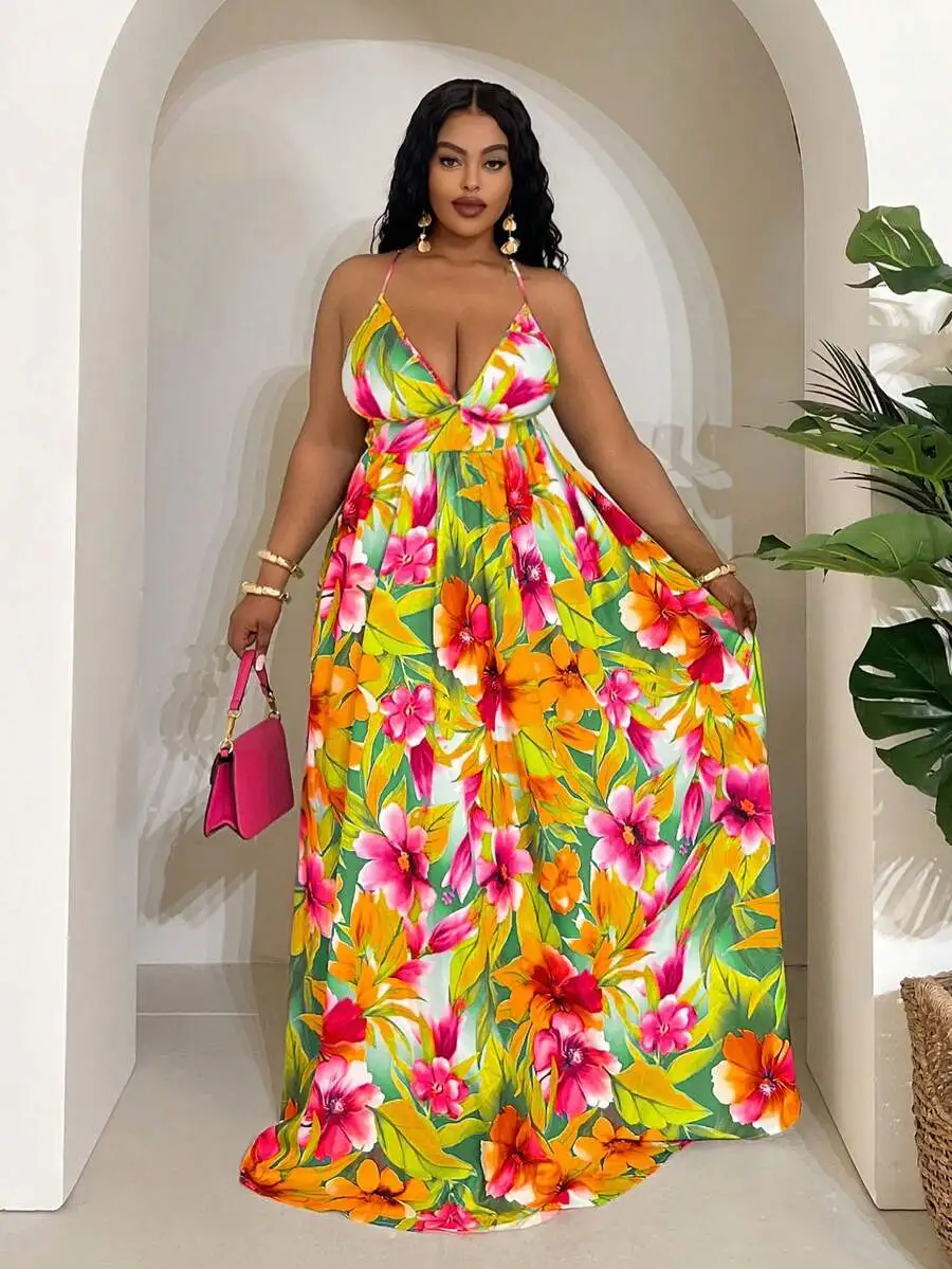 

Tropical Floral Sleeveless Plus Size Women Maxi Dress For Summer Vacation Beach Travel
