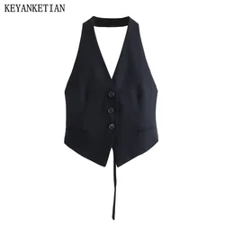 KEYANKETIAN Summer New Women Hanging Neck Waistcoat Vest Street Style Sexy Lacing With Halter Button Short Sleeveless Top Black