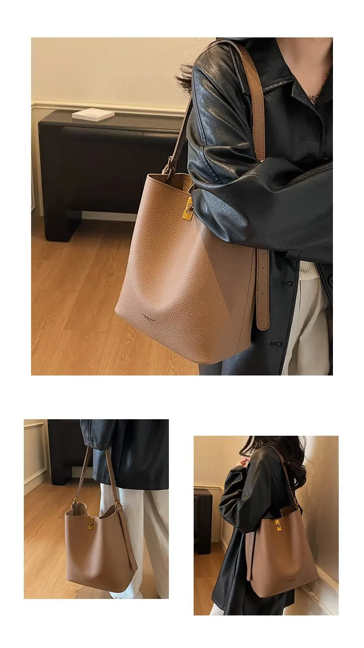 Minimalistische Kamelbraune Kunstleder-Bucket-Bag, genarbte Textur mit Schlossakzent, vielseitige Alltagstasche für Arbeit & Ausflüge – Detail 5