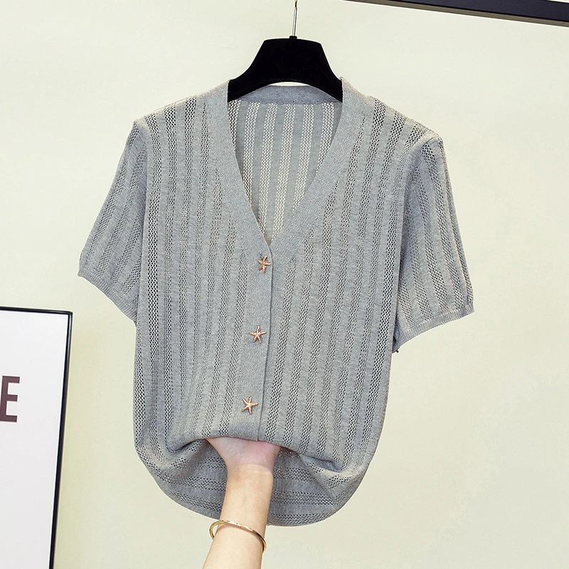 Summer Ice Silk Sweater Tops Women Knitted Tshirt Cardigan Summer V Collar Short Sleeve Single-breasted Elegant Knitwear