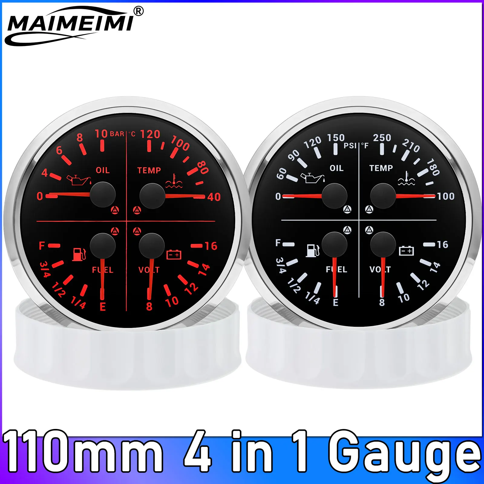 

110mm 4 in 1 Multifunctional Gauge Oil Pressure Meter Water Temp Voltmeter Fuel Level Gauge Universal 12V for Auto Boat
