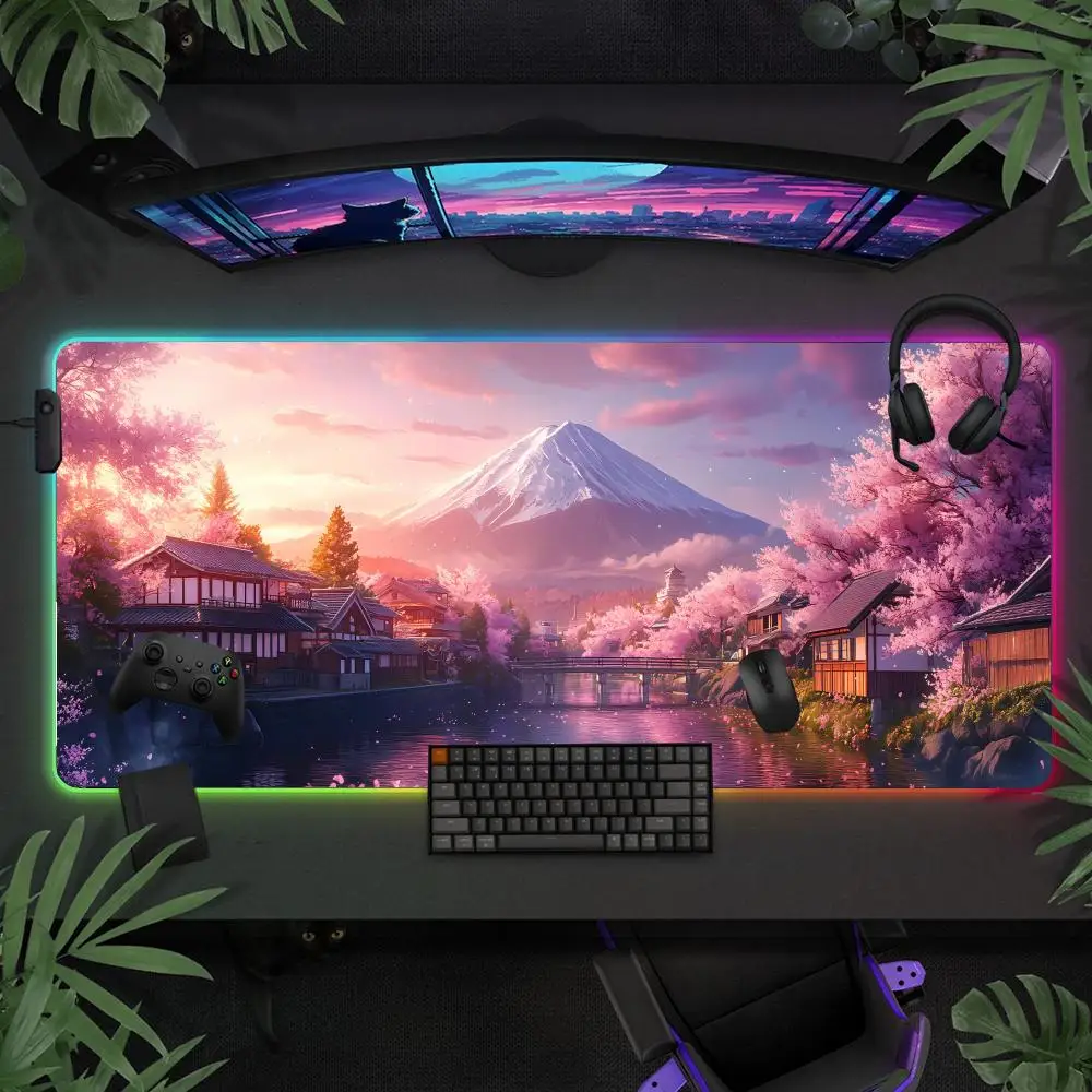 

Cherry Blossoms Mount Fuji RGB Gaming Mouse Pad Desk Mat Gamer Accessories Large LED Light Mousepad Computer Carpet with Backlit