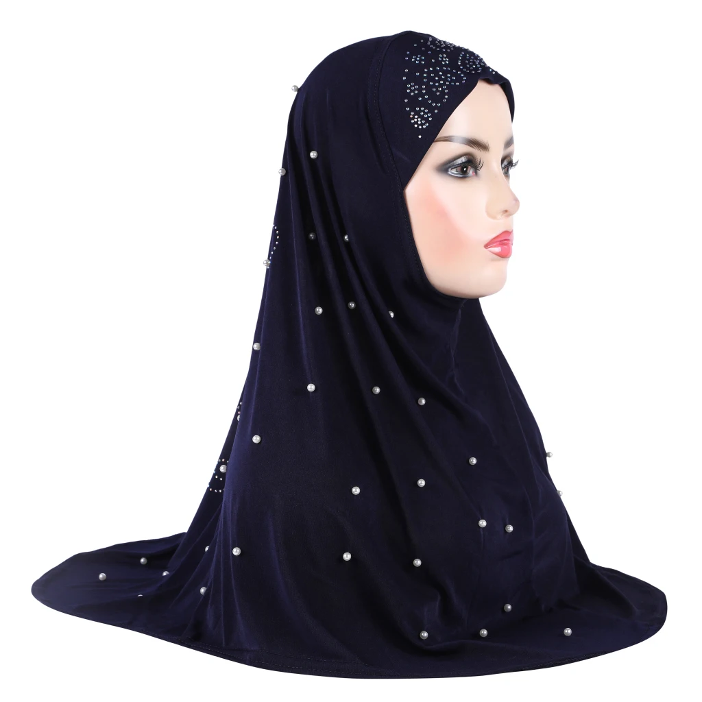 H016 Beautiful adults medium size muslim hijab with handmade beads islamic scarf shawl headscarf hat armia pull on wrap