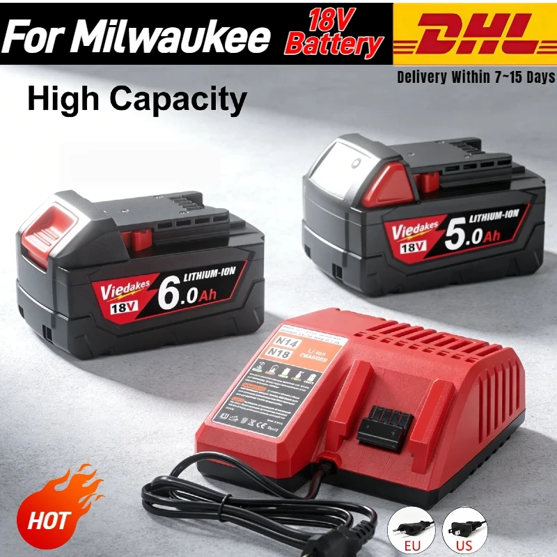 

NEW For Milwaukee 18V Battery for M18 M18B5 XC Lithium ION Battery 5.0Ah 48-11-1815 48-11-1850 2604-22 2604-20 2708-22 2607-22