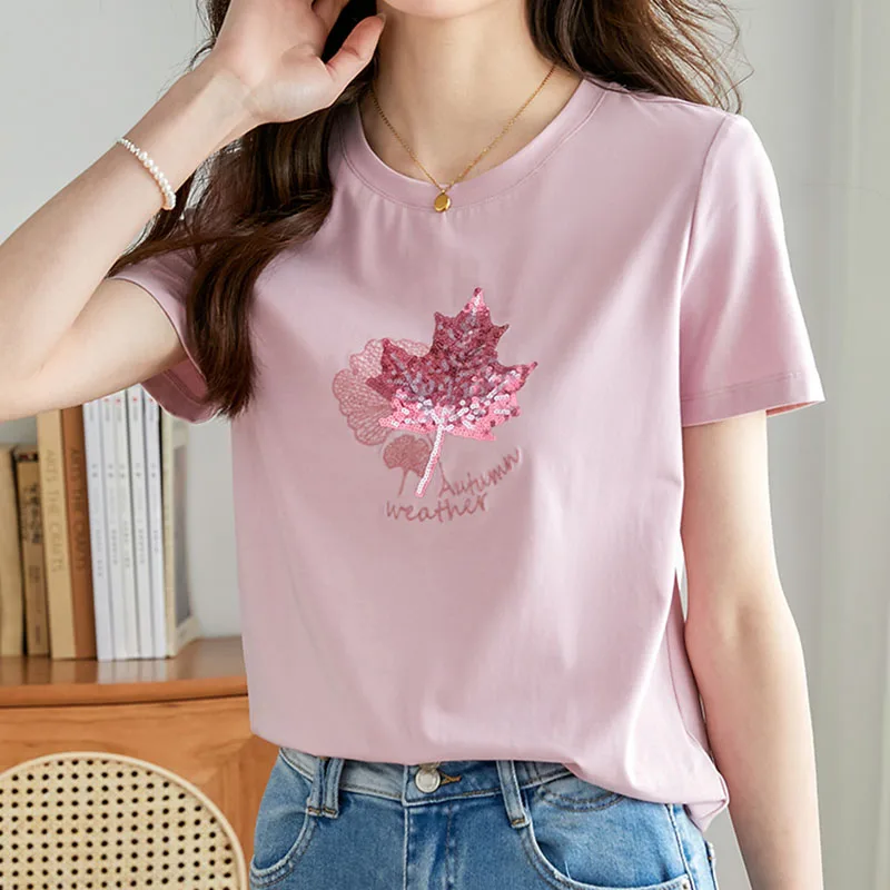 2023 Summer Korean Fashion Sequin Cotton T Shirt Women Casual Short Sleeve Tshirts Female Pink Tops O Neck Tees Ropa De Mujer