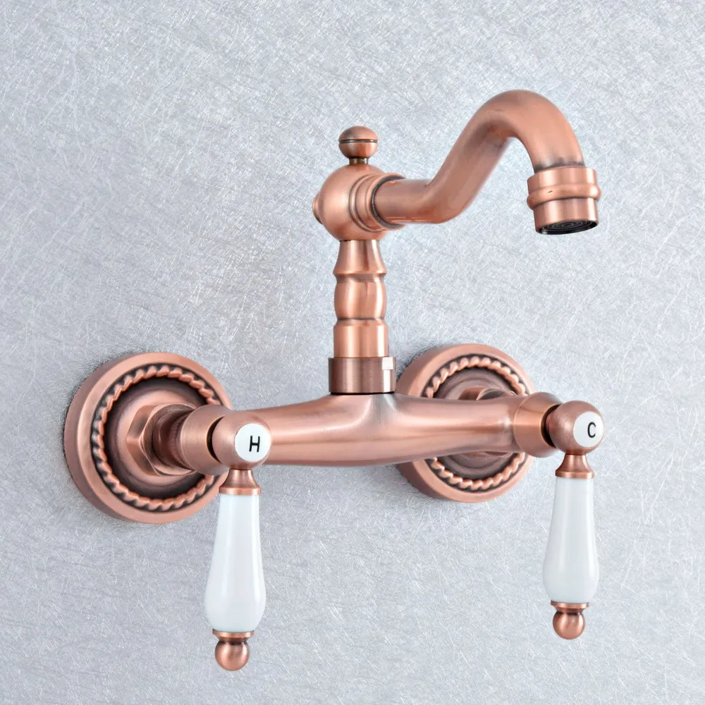 

Antique Red Copper Brass Wall Mounted Kitchen Wet Bar Bathroom Vessel Basin Sink Hot Cold Mixer Tap Swivel Spout Faucet msf884