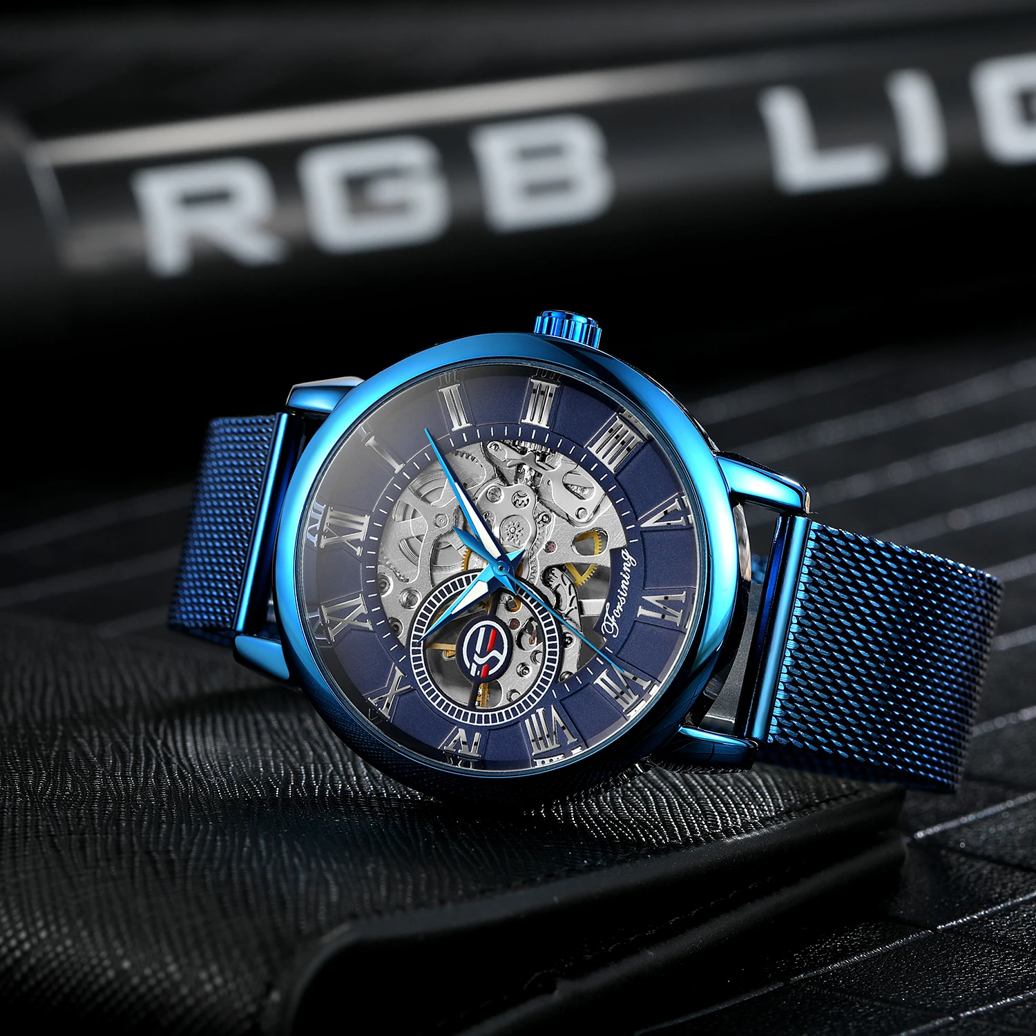 FORSINING новые брендовые мужские часы с гравировкой, деловые механические наручные часы со скелетом, светящиеся римские цифры, сетчатый ремешок, стильные часы