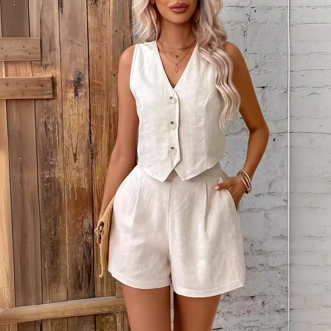 

2025 European American Solid Color Casual Vest Shorts Suit Women