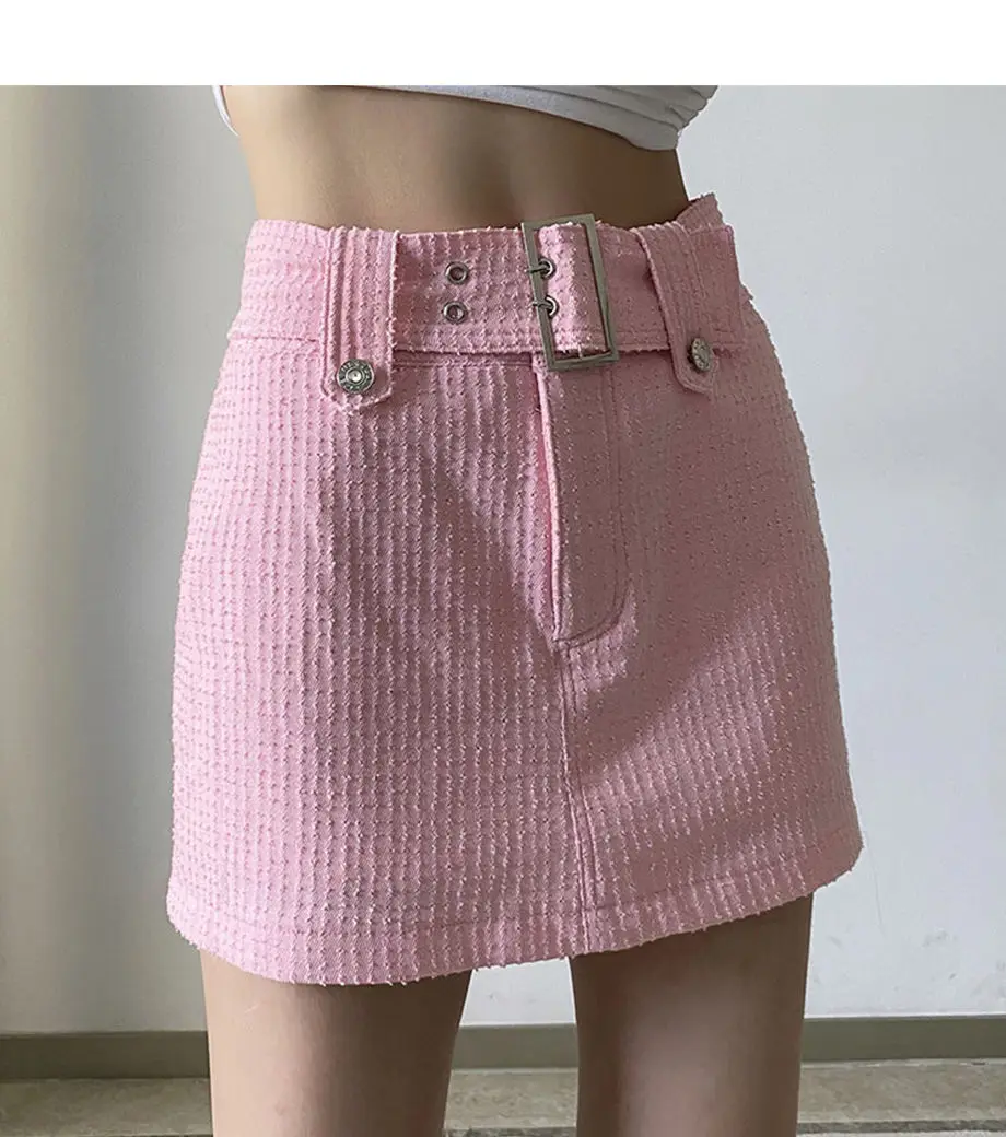 Skirt With Belt Pink High-Waisted Slim-Fitting Hip-Covering Women Waist Slimming Sweet Versatile A-Line Short Skirt For Summer