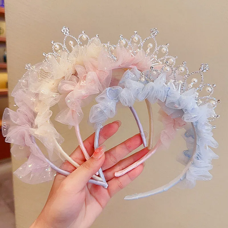 Sweet Crown Lace Headband for Baby Girls Korean Pearl Crystal Hair Hoop Cute Kids Princess Headband Birthday Party Hair Acce