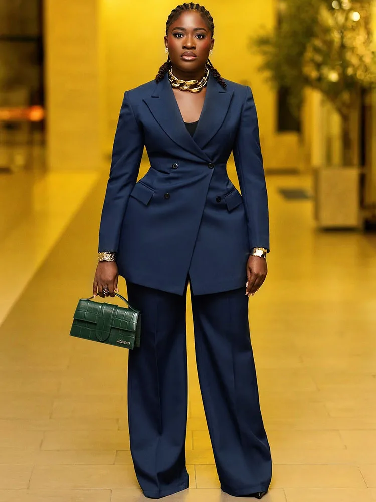 エレガントなオフィスレディ向けツーピースセット、女性用ワークウェア、ダブルブレストブレザーコートとワイドレッグパンツスーツのマッチングセット、ユニフォーム