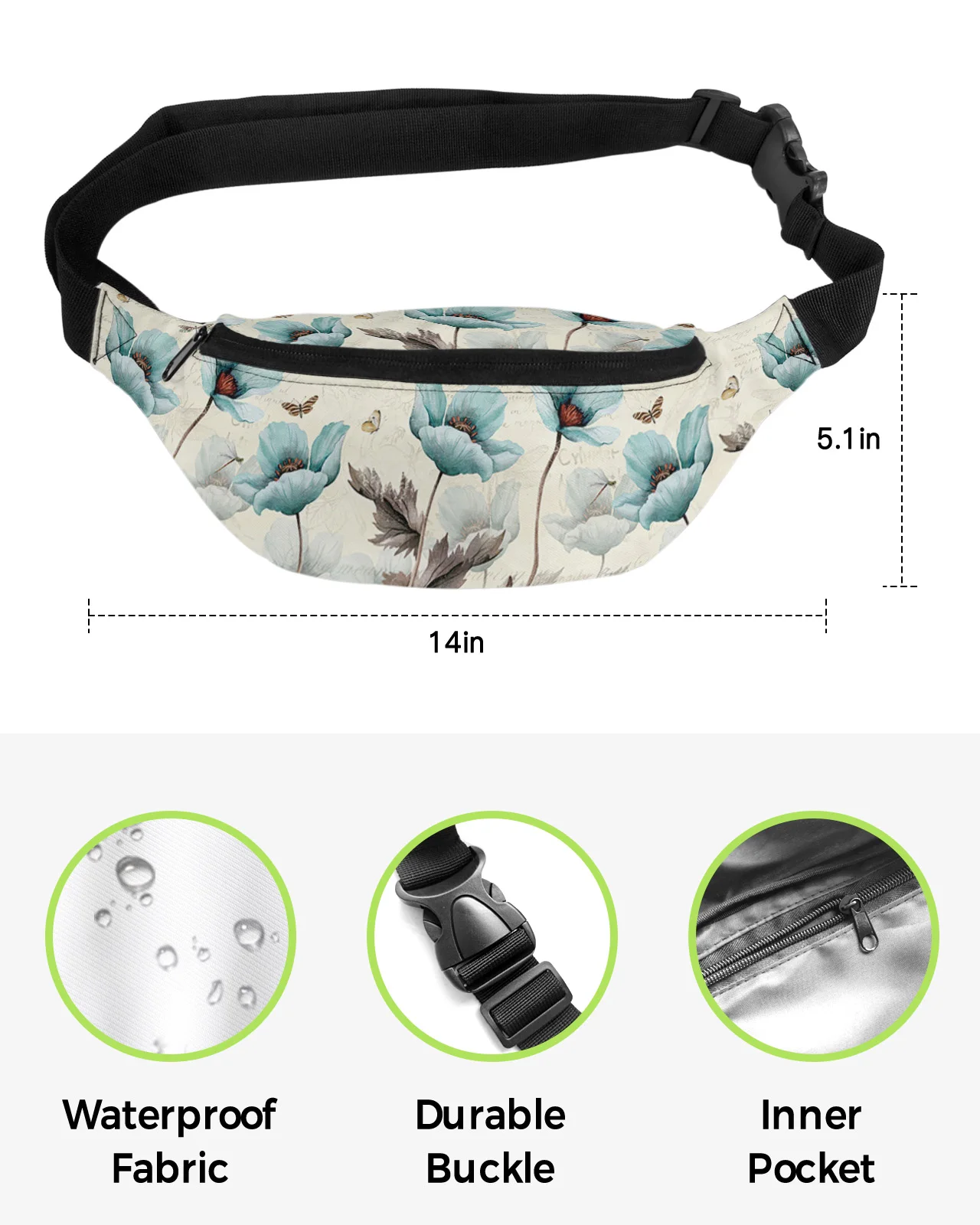 Bolsa de cintura floral verde vintage rústica para homens e mulheres, libélula, borboleta, Fanny Pack, bolsa para cinto, impermeável, Banana Hip Bags