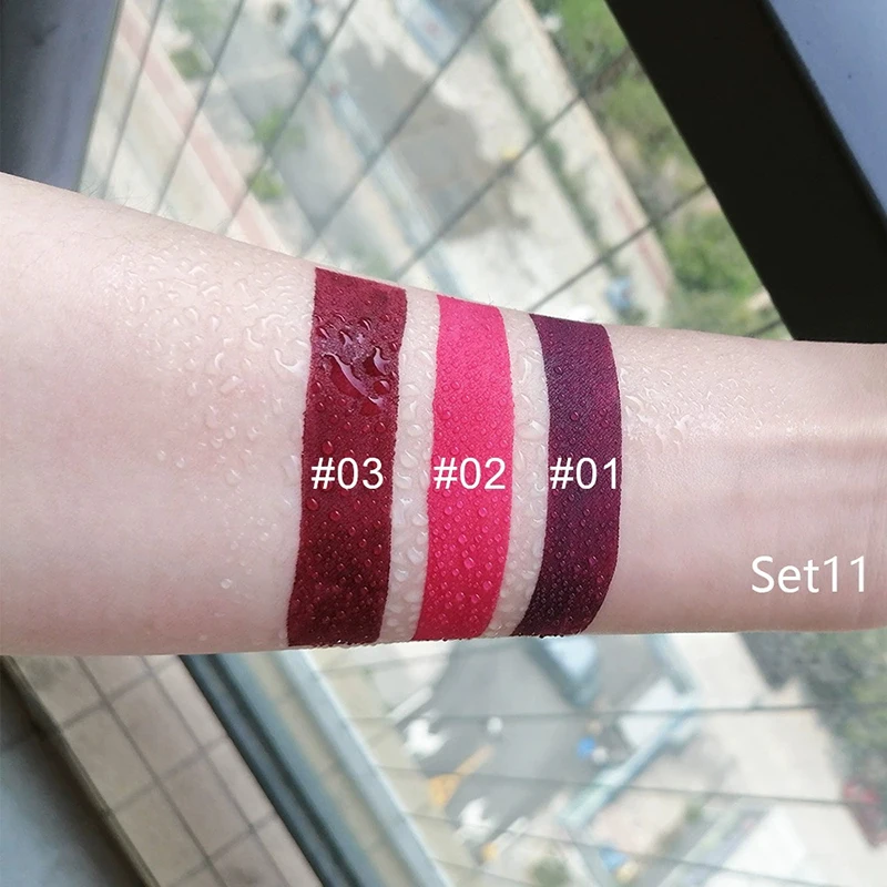 مجموعة أحمر شفاه سائل غير لامع مكونة من 3 قطع مقاومة للماء تدوم طويلاً باللون الأسود والأزرق والأرجواني ملمع شفاه أخضر عاري