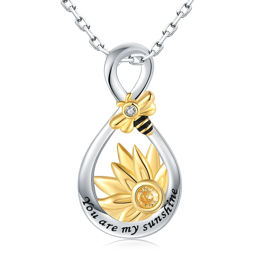 925 Sterling Silver Sunflower Bee Infinity Necklaces 'You are my Sunshine' Pendant Mothers day Jewelry Gifts for Women Teen Girl